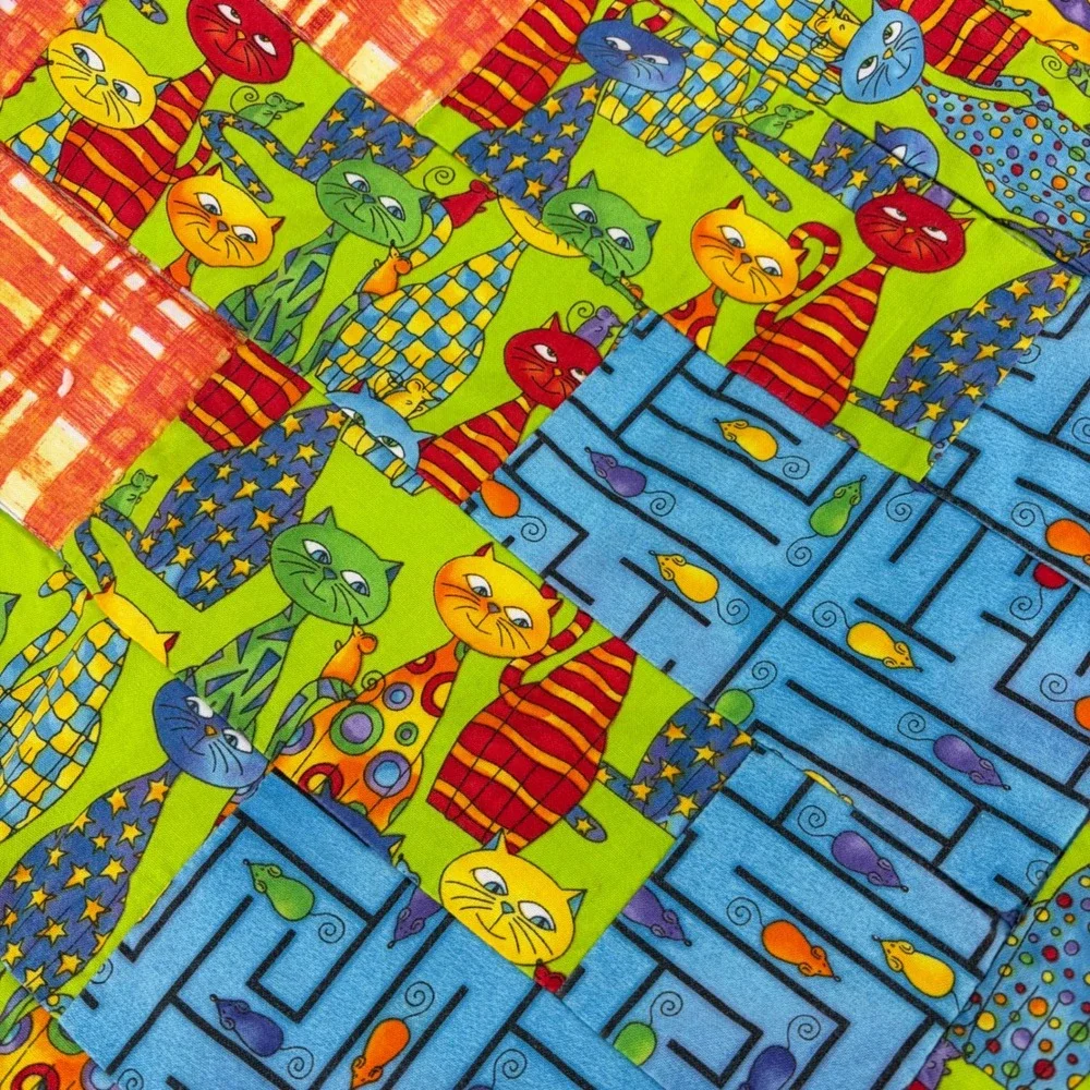 Handmade Quilt Cat Mouse Maze Rainbow Stripe Patchwork Kidcore 39x52 Whimsical